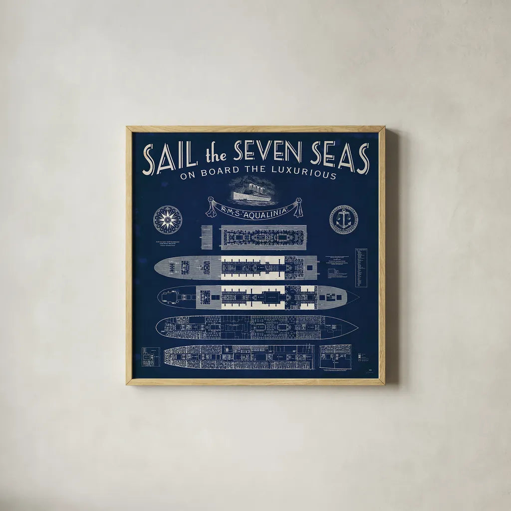 Blueprint Luxury Liner by Sue Schlabach. Shown in a natural wood glass frame for a timeless modern aesthetic. Available as an archival giclee rolled canvas, fine art paper, or poster print. SKU 13698a.