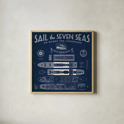 Blueprint Luxury Liner by Sue Schlabach. Shown in a natural wood glass frame for a timeless modern aesthetic. Available as an archival giclee rolled canvas, fine art paper, or poster print. SKU 13698a.