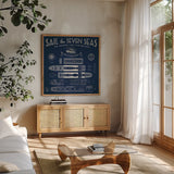 Blueprint Luxury Liner by Sue Schlabach. Shown in a natural wood frame in a cozy modern living room. Available as an archival giclee rolled canvas, fine art paper, or poster print. SKU 13698a.
