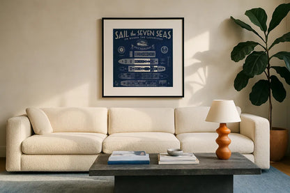 Blueprint Luxury Liner by Sue Schlabach. Displayed in a glass frame with matte in a clean modern living room. Available as an archival giclee rolled canvas, fine art paper, or poster print. SKU 13698a.