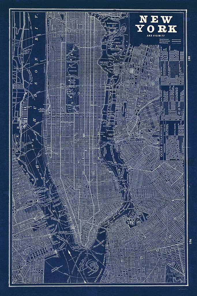 Blueprint Map New York by Sue Schlabach. SKU 12157h. Archival Giclee Fine art print for wall decor.