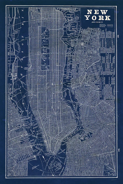 Blueprint Map New York by Sue Schlabach. SKU 12157h. Archival Giclee Fine art print for wall decor.