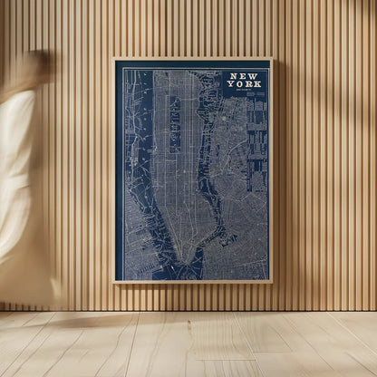 Blueprint Map New York by Sue Schlabach. shown as over sized large wall art. Available as an archival giclee rolled canvas, fine art paper, or poster print. SKU 12157h.
