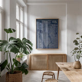 Blueprint Map New York by Sue Schlabach. shown as a print in a natural wood frame in a dining room. Available as a archival giclee rolled canvas, fine art paper, or poster print. SKU 12157h.