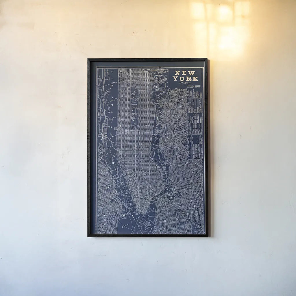 Blueprint Map New York by Sue Schlabach. shown as a paper print in a black flame. Available as a archival giclee rolled canvas, fine art paper, or poster print. SKU 12157h.