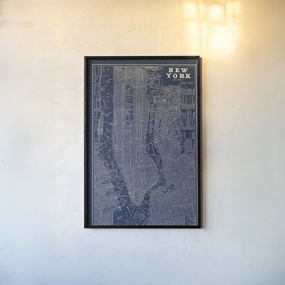 Blueprint Map New York by Sue Schlabach. shown as a paper print in a black flame. Available as a archival giclee rolled canvas, fine art paper, or poster print. SKU 12157h.