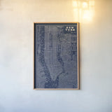 Blueprint Map New York by Sue Schlabach. shown as a paper print in a natural frame. Available as a archival giclee rolled canvas, fine art paper, or poster print. SKU 12157h.