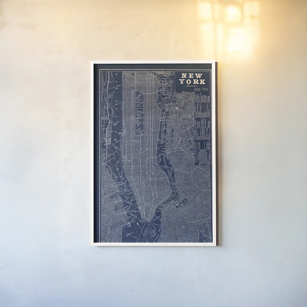 Blueprint Map New York by Sue Schlabach. shown as a paper print in a white frame. Available as a archival giclee rolled canvas, fine art paper, or poster print. SKU 12157h.