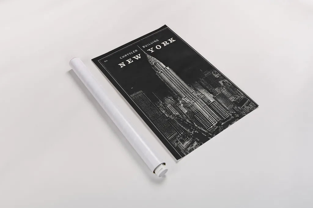 Blueprint Map New York Chrysler Building Black by Sue Schlabach. shown as a rolled paper print. Available as archival giclee rolled canvas, fine art paper, or poster print. SKU 22805h.