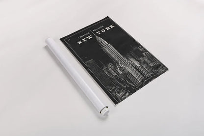 Blueprint Map New York Chrysler Building Black by Sue Schlabach. shown as a rolled paper print. Available as archival giclee rolled canvas, fine art paper, or poster print. SKU 22805h.