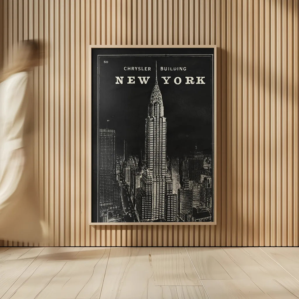 Blueprint Map New York Chrysler Building Black by Sue Schlabach. shown as over sized large wall art. Available as an archival giclee rolled canvas, fine art paper, or poster print. SKU 22805h.
