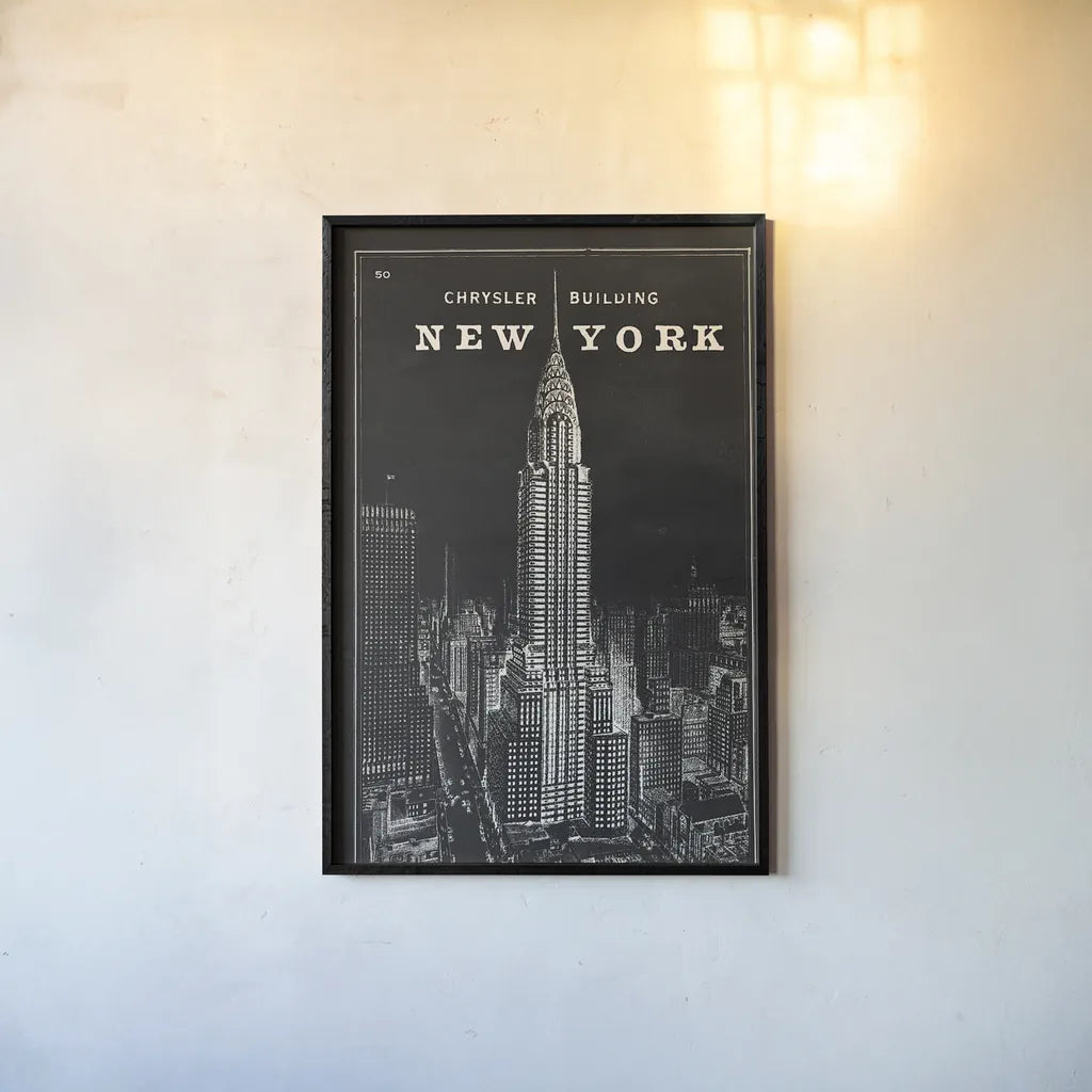 Blueprint Map New York Chrysler Building Black by Sue Schlabach. shown as a paper print in a black flame. Available as a archival giclee rolled canvas, fine art paper, or poster print. SKU 22805h.