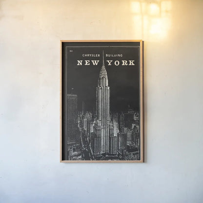 Blueprint Map New York Chrysler Building Black by Sue Schlabach. shown as a paper print in a natural frame. Available as a archival giclee rolled canvas, fine art paper, or poster print. SKU 22805h.