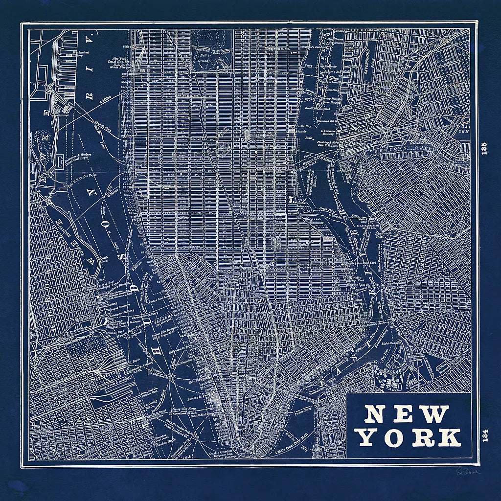 Blueprint Map New York Square by Sue Schlabach. SKU 44644a. Archival Giclee Fine art print for wall decor.