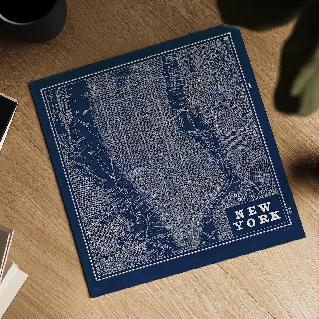 Blueprint Map New York Square by Sue Schlabach. Shown as a detailed flat fine art print, highlighting archival giclee quality. Available as an archival giclee rolled canvas, fine art paper, or poster print. SKU 44644a.