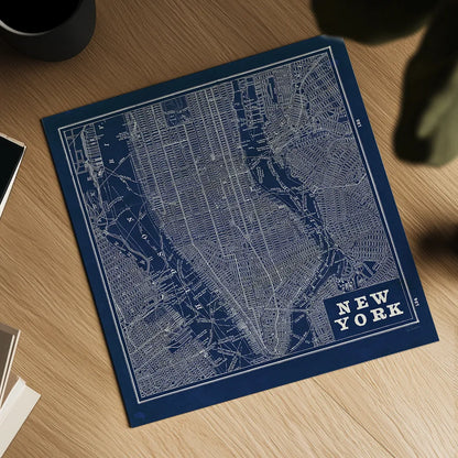 Blueprint Map New York Square by Sue Schlabach. Shown as a detailed flat fine art print, highlighting archival giclee quality. Available as an archival giclee rolled canvas, fine art paper, or poster print. SKU 44644a.
