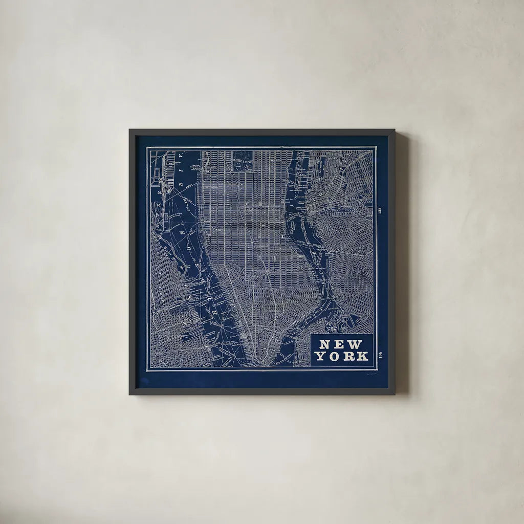 Blueprint Map New York Square by Sue Schlabach. Shown in a sleek black glass frame for a contemporary gallery look. Available as an archival giclee rolled canvas, fine art paper, or poster print. SKU 44644a.
