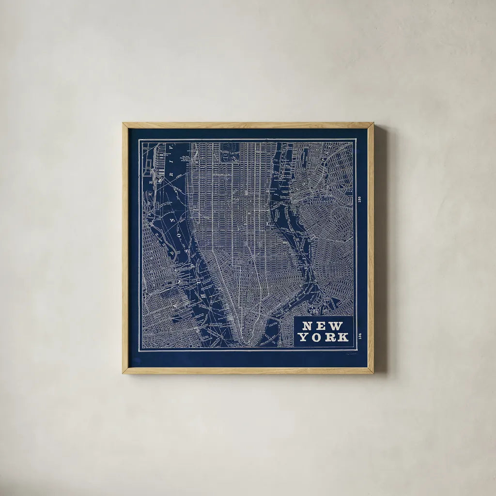 Blueprint Map New York Square by Sue Schlabach. Shown in a natural wood glass frame for a timeless modern aesthetic. Available as an archival giclee rolled canvas, fine art paper, or poster print. SKU 44644a.