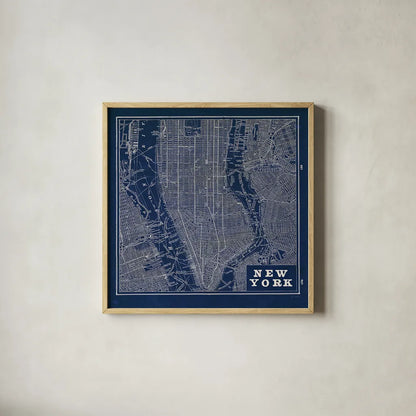 Blueprint Map New York Square by Sue Schlabach. Shown in a natural wood glass frame for a timeless modern aesthetic. Available as an archival giclee rolled canvas, fine art paper, or poster print. SKU 44644a.