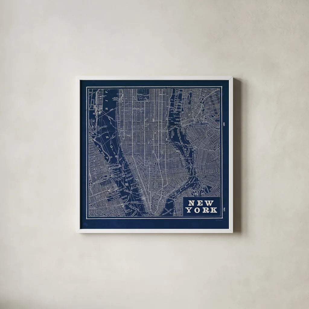 Blueprint Map New York Square by Sue Schlabach. Shown in a crisp white glass frame for a clean and minimalist style. Available as an archival giclee rolled canvas, fine art paper, or poster print. SKU 44644a.