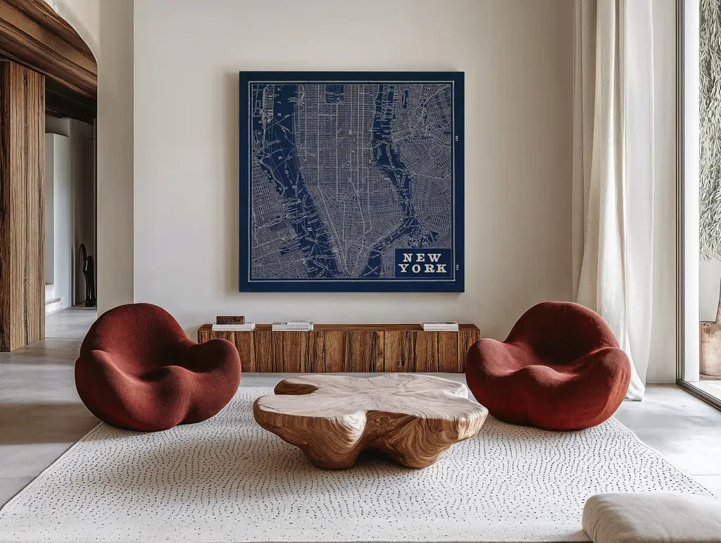 Blueprint Map New York Square by Sue Schlabach. Shown as extra-large giant wall art in a modern living room. Available as an archival giclee rolled canvas, fine art paper, or poster print. SKU 44644a.