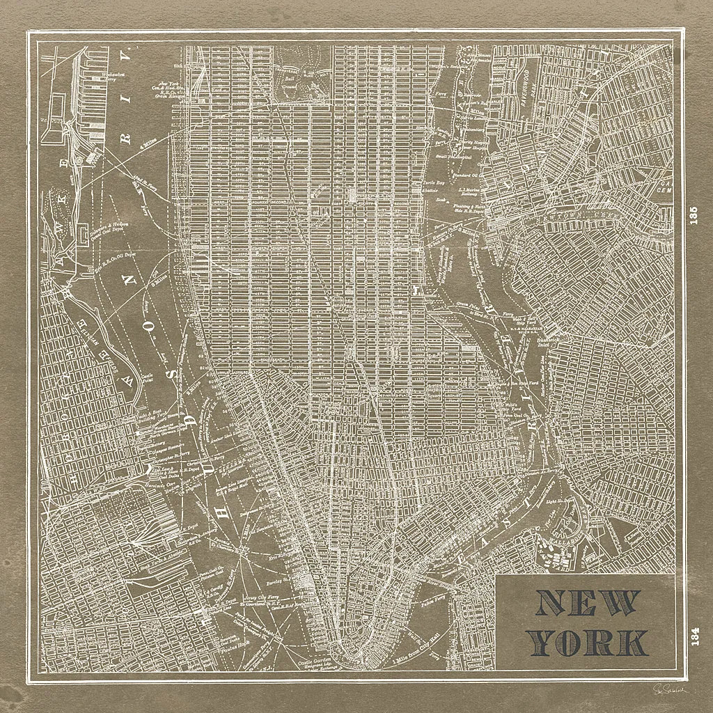 Blueprint Map New York Square Taupe by Sue Schlabach. SKU 44642a. Archival Giclee Fine art print for wall decor.
