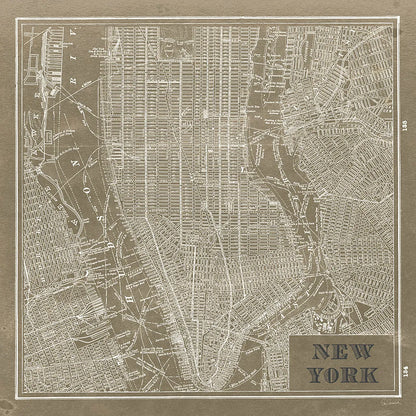 Blueprint Map New York Square Taupe by Sue Schlabach. SKU 44642a. Archival Giclee Fine art print for wall decor.
