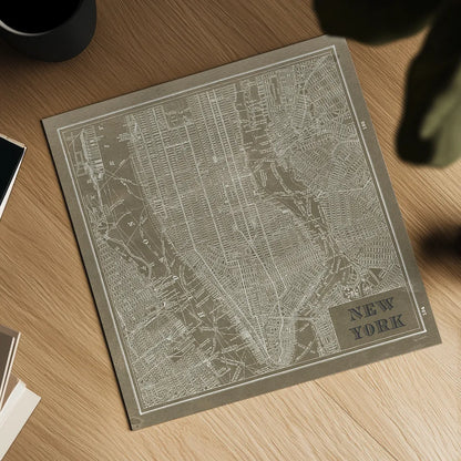 Blueprint Map New York Square Taupe by Sue Schlabach. Shown as a detailed flat fine art print, highlighting archival giclee quality. Available as an archival giclee rolled canvas, fine art paper, or poster print. SKU 44642a.