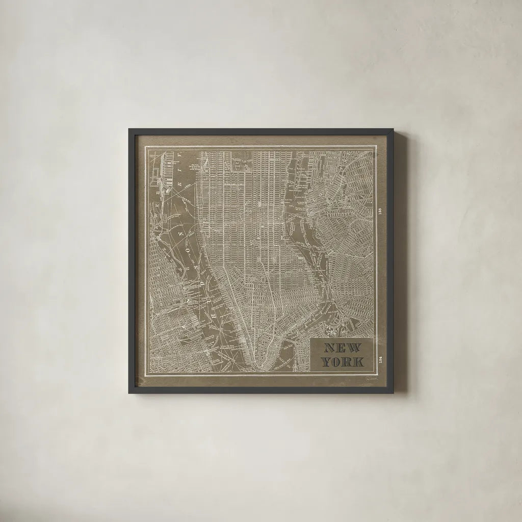 Blueprint Map New York Square Taupe by Sue Schlabach. Shown in a sleek black glass frame for a contemporary gallery look. Available as an archival giclee rolled canvas, fine art paper, or poster print. SKU 44642a.