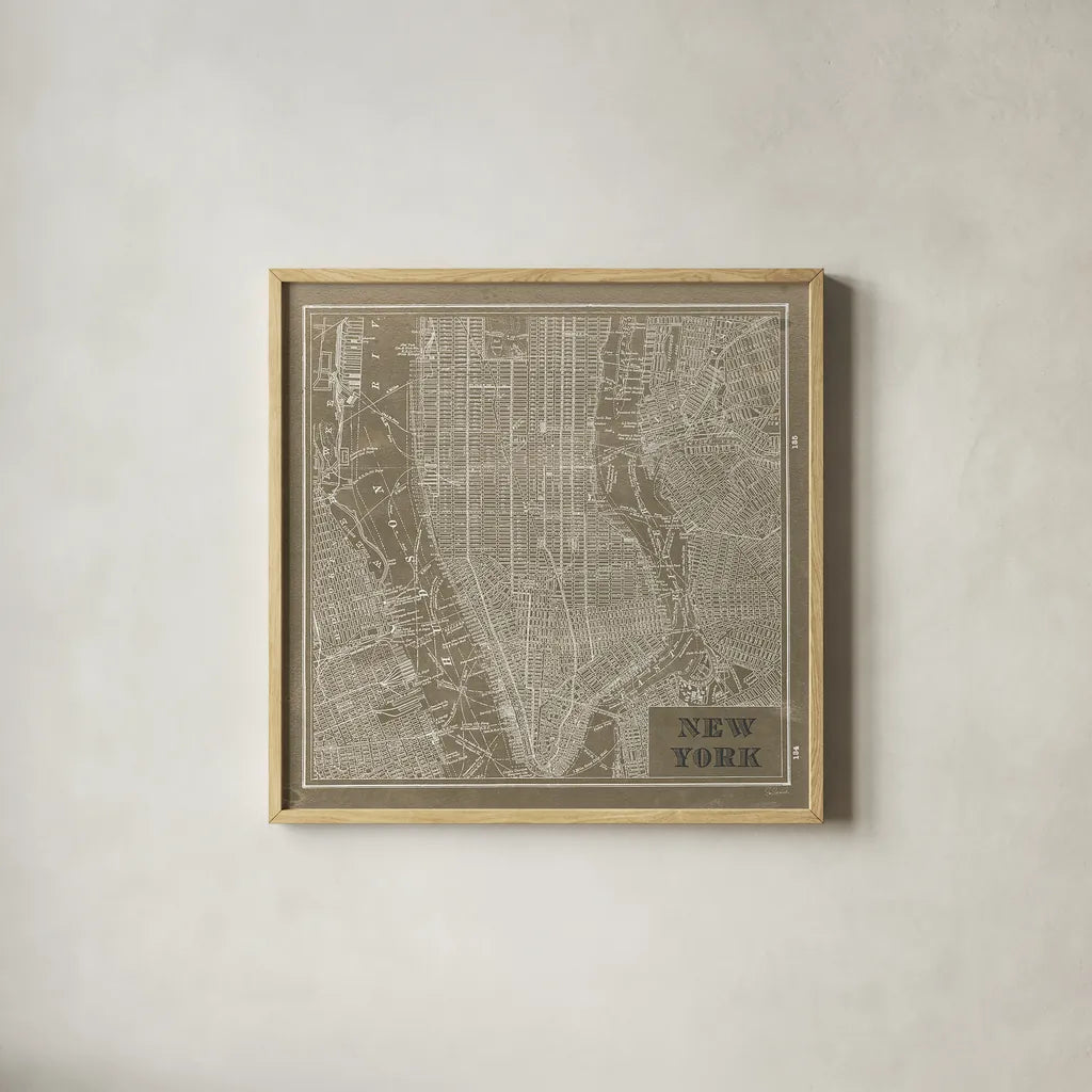 Blueprint Map New York Square Taupe by Sue Schlabach. Shown in a natural wood glass frame for a timeless modern aesthetic. Available as an archival giclee rolled canvas, fine art paper, or poster print. SKU 44642a.