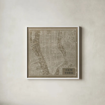Blueprint Map New York Square Taupe by Sue Schlabach. Shown in a crisp white glass frame for a clean and minimalist style. Available as an archival giclee rolled canvas, fine art paper, or poster print. SKU 44642a.