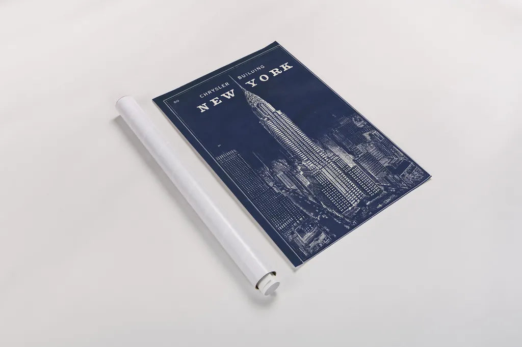 Blueprint New York Chrysler Building by Sue Schlabach. shown as a rolled paper print. Available as archival giclee rolled canvas, fine art paper, or poster print. SKU 12158h.
