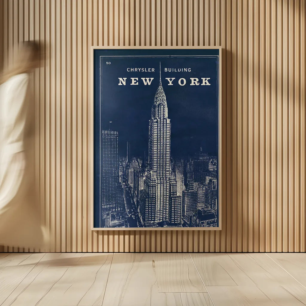Blueprint New York Chrysler Building by Sue Schlabach. shown as over sized large wall art. Available as an archival giclee rolled canvas, fine art paper, or poster print. SKU 12158h.