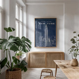 Blueprint New York Chrysler Building by Sue Schlabach. shown as a print in a natural wood frame in a dining room. Available as a archival giclee rolled canvas, fine art paper, or poster print. SKU 12158h.