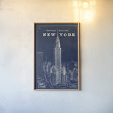 Blueprint New York Chrysler Building by Sue Schlabach. shown as a paper print in a natural frame. Available as a archival giclee rolled canvas, fine art paper, or poster print. SKU 12158h.