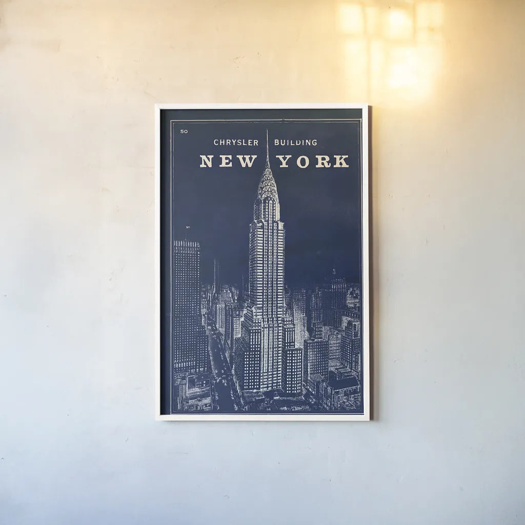 Blueprint New York Chrysler Building by Sue Schlabach. shown as a paper print in a white frame. Available as a archival giclee rolled canvas, fine art paper, or poster print. SKU 12158h.