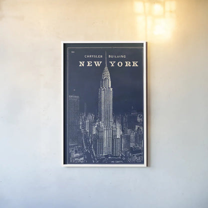 Blueprint New York Chrysler Building by Sue Schlabach. shown as a paper print in a white frame. Available as a archival giclee rolled canvas, fine art paper, or poster print. SKU 12158h.