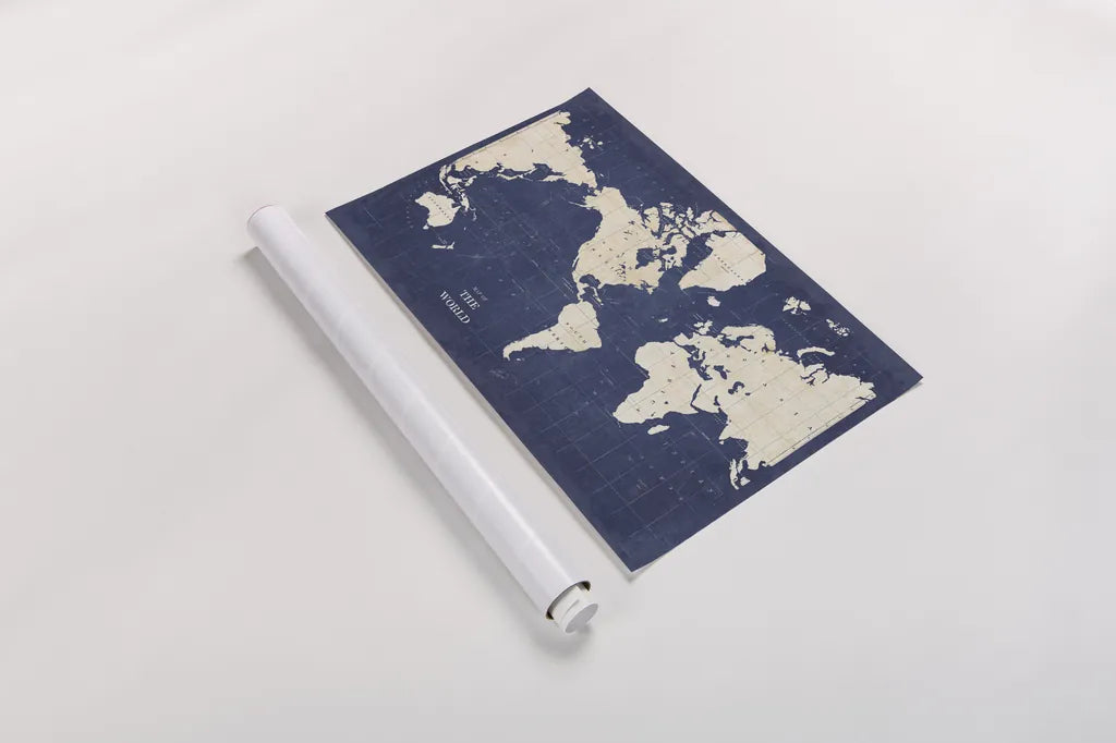 Blueprint World Map - No Border by Sue Schlabach. shown as a rolled paper print. Available as archival giclee rolled canvas, fine art paper, or poster print. SKU 48400i.