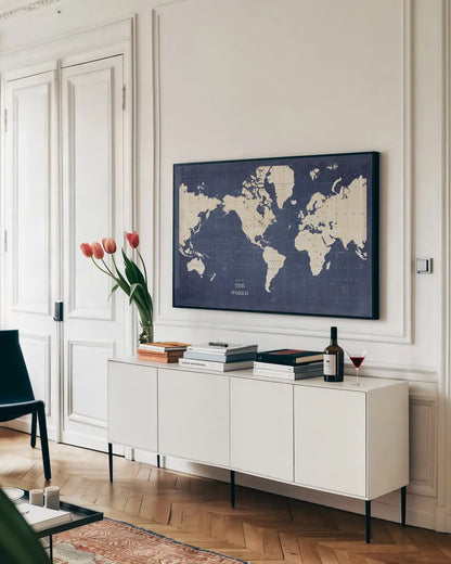 Blueprint World Map - No Border by Sue Schlabach. shown as a framed stretched canvas in a living room above a console. Available as a archival giclee rolled canvas, fine art paper, or poster print. SKU 48400i.