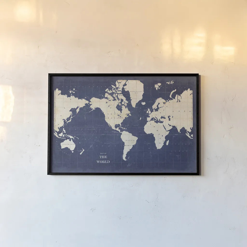 Blueprint World Map - No Border by Sue Schlabach. shown as a paper print in a black flame. Available as a archival giclee rolled canvas, fine art paper, or poster print. SKU 48400i.
