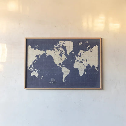Blueprint World Map - No Border by Sue Schlabach. shown as a paper print in a natural frame. Available as a archival giclee rolled canvas, fine art paper, or poster print. SKU 48400i.