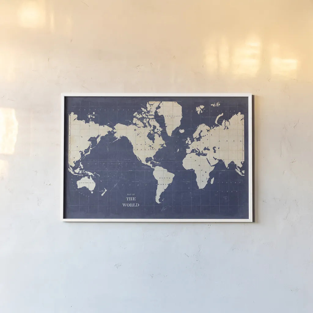 Blueprint World Map - No Border by Sue Schlabach. shown as a paper print in a white frame. Available as a archival giclee rolled canvas, fine art paper, or poster print. SKU 48400i.