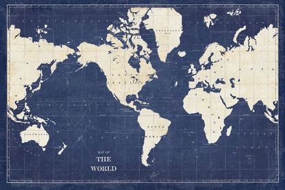 Blueprint World Map by Sue Schlabach. SKU 47417i. Archival Giclee Fine art print for wall decor.