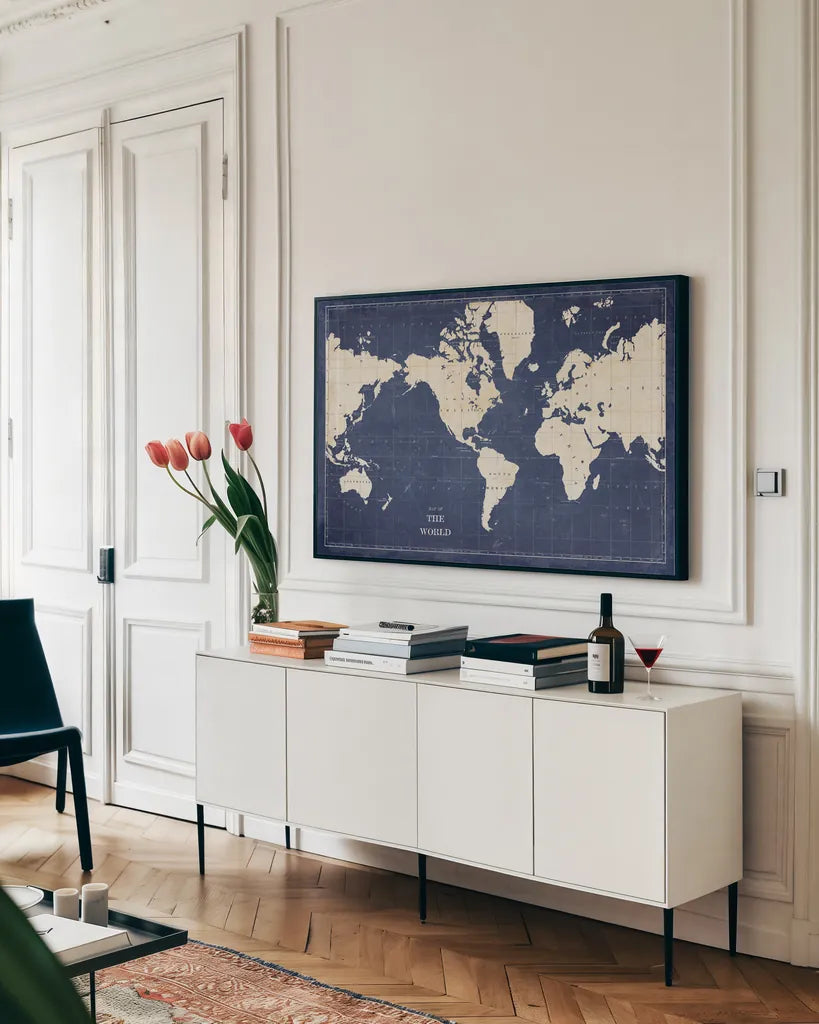 Blueprint World Map by Sue Schlabach. shown as a framed stretched canvas in a living room above a console. Available as a archival giclee rolled canvas, fine art paper, or poster print. SKU 47417i.