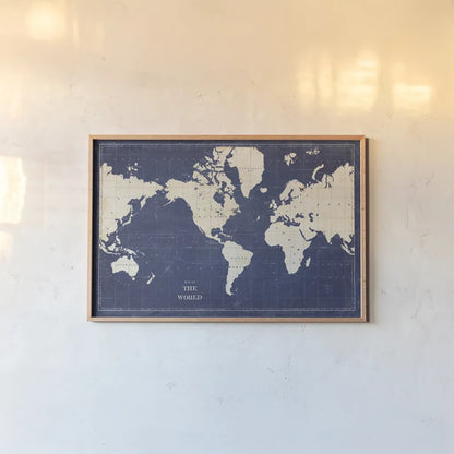 Blueprint World Map by Sue Schlabach. shown as a paper print in a natural frame. Available as a archival giclee rolled canvas, fine art paper, or poster print. SKU 47417i.