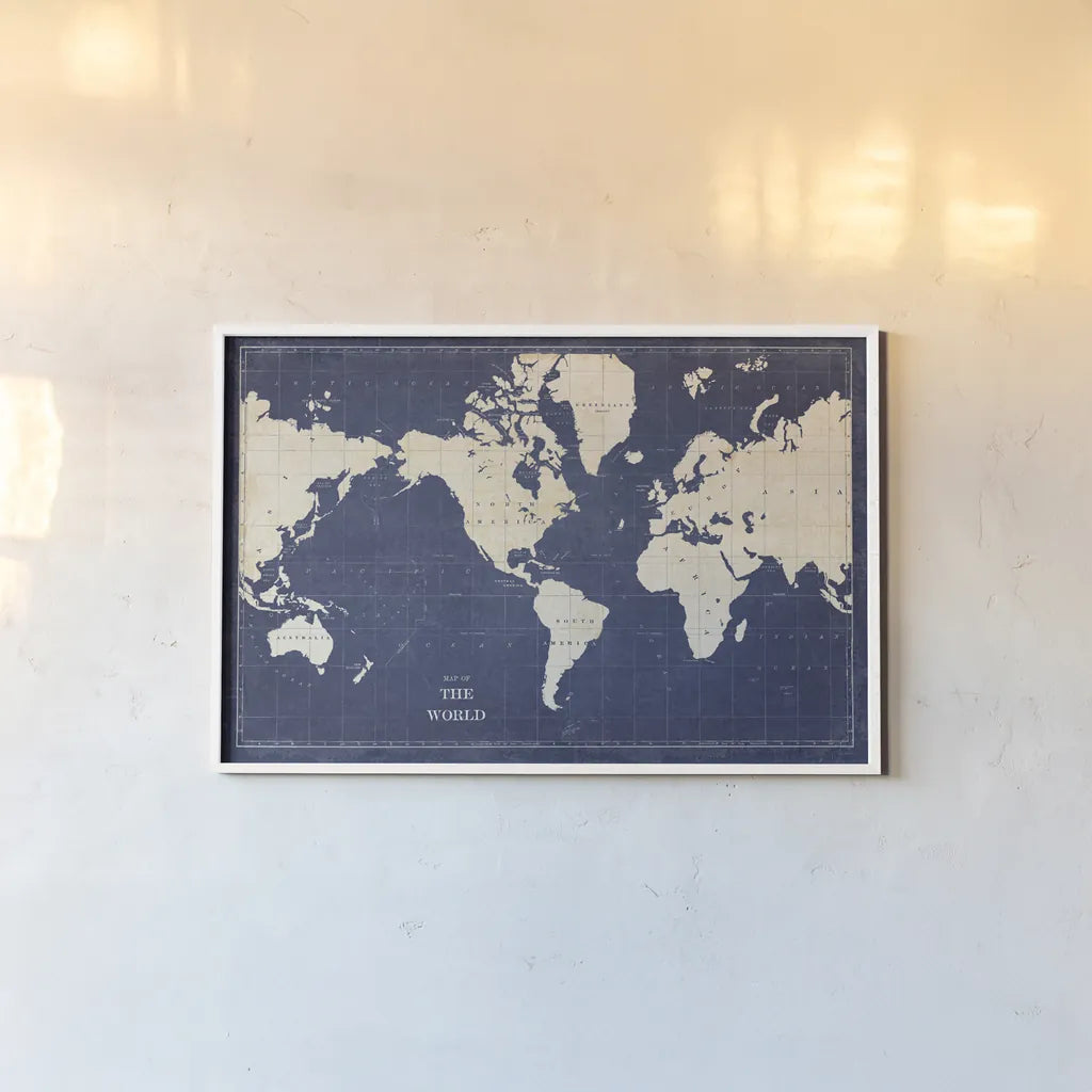 Blueprint World Map by Sue Schlabach. shown as a paper print in a white frame. Available as a archival giclee rolled canvas, fine art paper, or poster print. SKU 47417i.