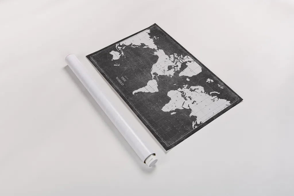 Blueprint World Map by Sue Schlabach. shown as a rolled paper print. Available as archival giclee rolled canvas, fine art paper, or poster print. SKU 49409i.