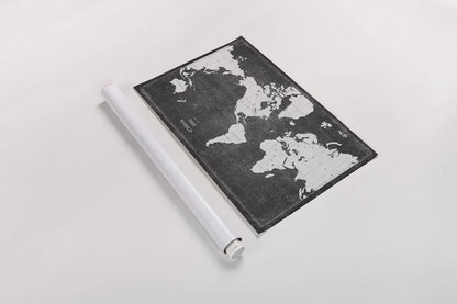 Blueprint World Map by Sue Schlabach. shown as a rolled paper print. Available as archival giclee rolled canvas, fine art paper, or poster print. SKU 49409i.