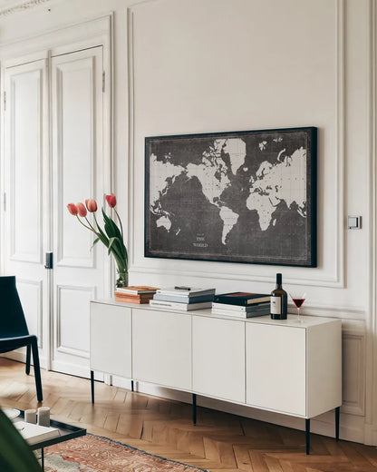 Blueprint World Map by Sue Schlabach. shown as a framed stretched canvas in a living room above a console. Available as a archival giclee rolled canvas, fine art paper, or poster print. SKU 49409i.