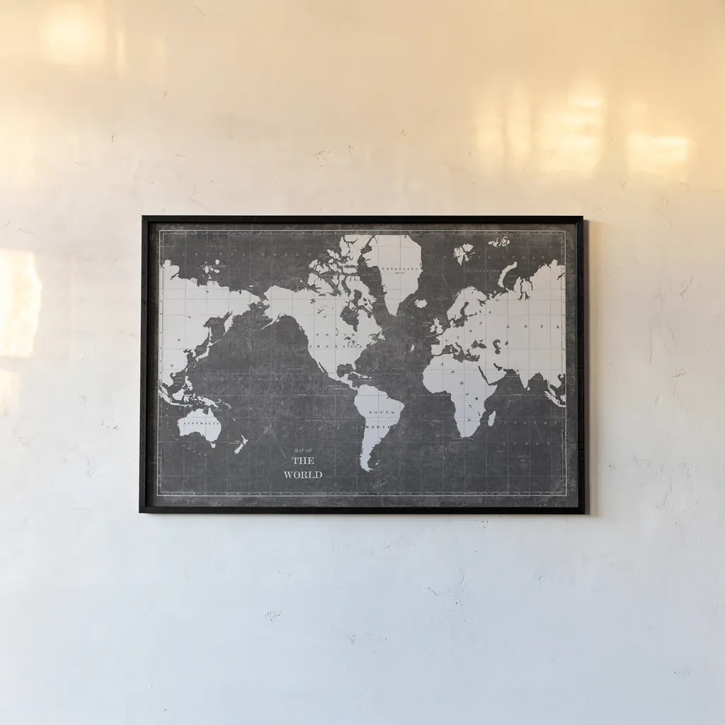 Blueprint World Map by Sue Schlabach. shown as a paper print in a black flame. Available as a archival giclee rolled canvas, fine art paper, or poster print. SKU 49409i.